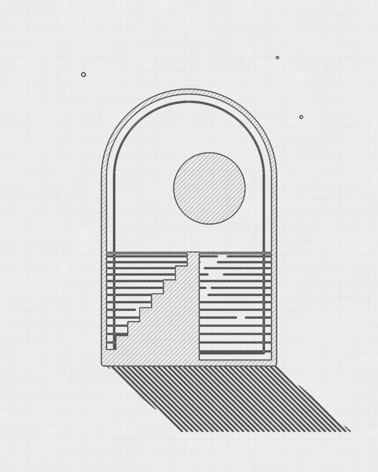 Desenho original de Arco e escada sobre papel quadriculado