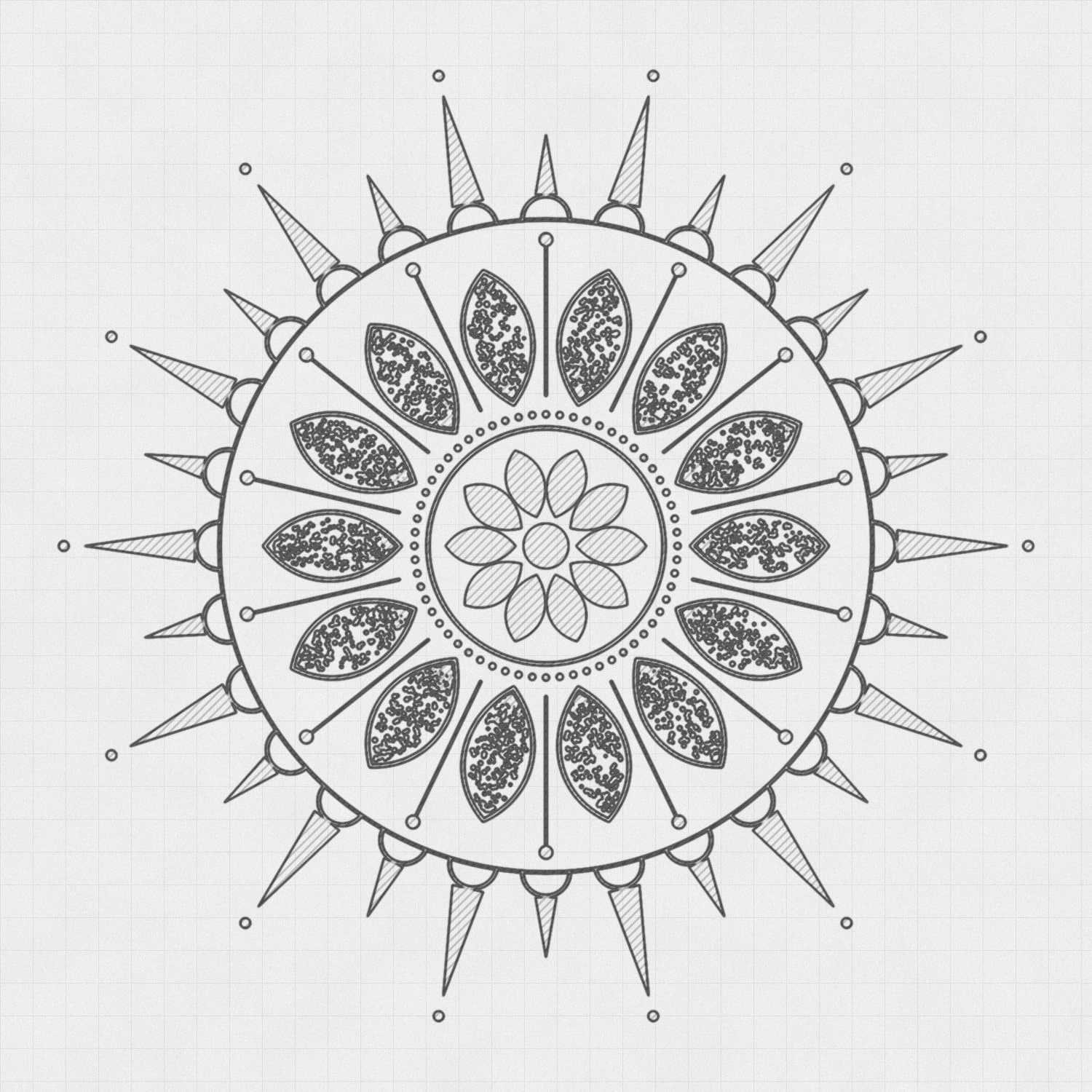 Desenho original de Mandala solar sobre papel quadriculado
