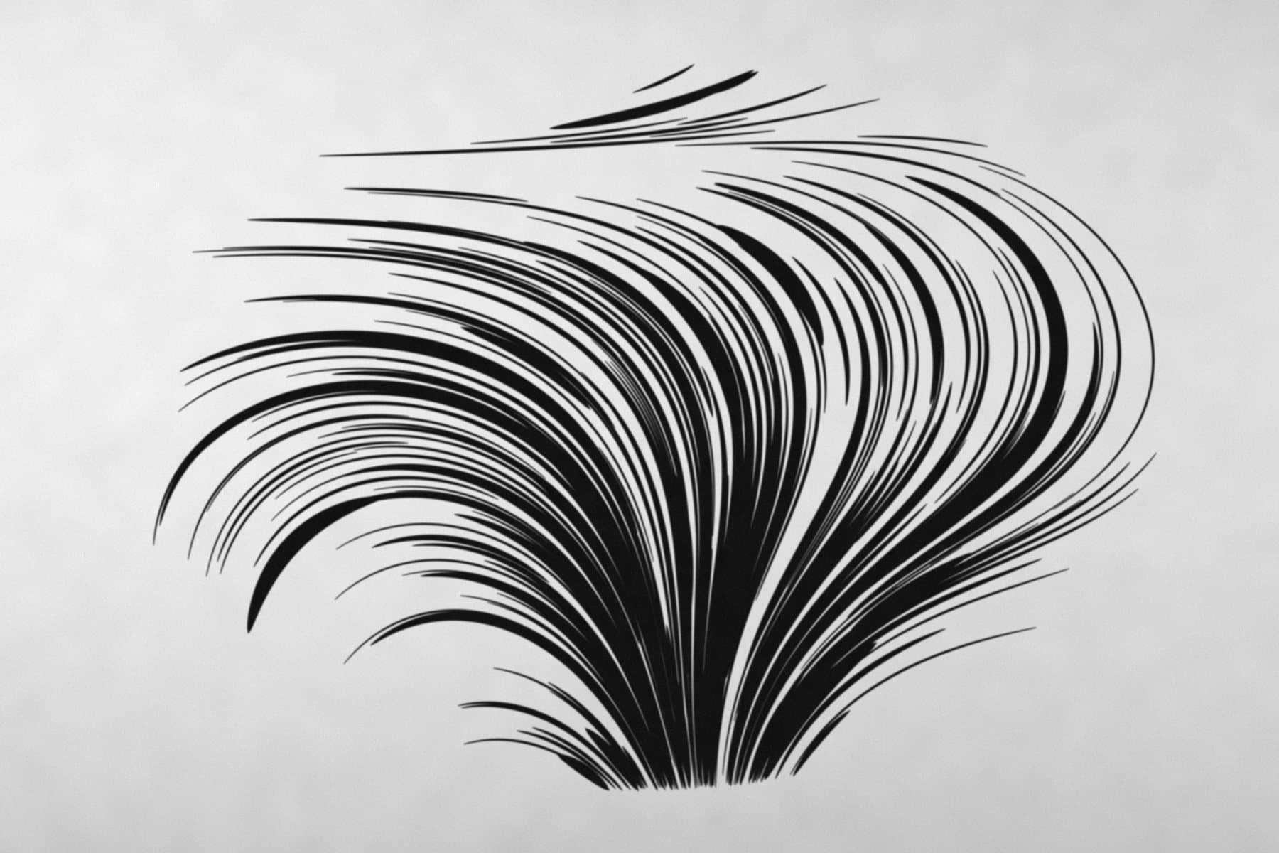 Tatuagem abstrata de linhas curvas de espessuras variadas formando um campo de movimento